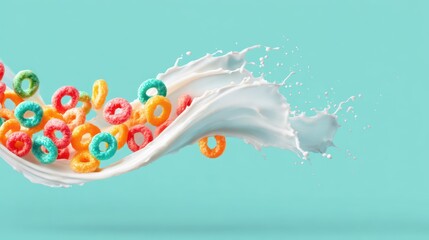 Colorful Cereal Rings Splashing in Milk with Rainbow Background