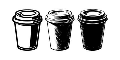 Three disposable coffee cups with lids in hand-drawn sketch style on white background, illustrating takeaway beverage or coffee shop concept