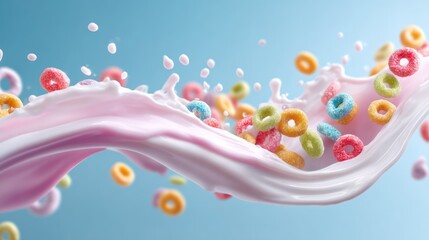 Colorful Cereal Rings Splashing in Milk with Rainbow Background