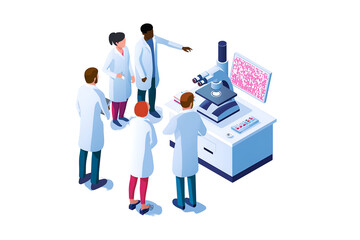 Diverse scientists collaborate around microscope and screen displaying data in modern laboratory setting