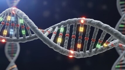 Close up of rotating DNA double helix with glowing nucleotides and binary code sequence illustrating futuristic genetic research in a 3D microscopic view - Powered by Adobe