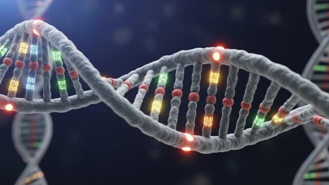 Close up of rotating DNA double helix with glowing nucleotides and binary code sequence illustrating futuristic genetic research in a 3D microscopic view - Powered by Adobe