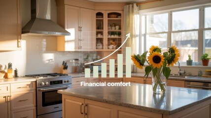 Bright kitchen with sunflowers and a financial growth graphic overlay.