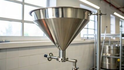Stainless steel funnel in modern industrial kitchen setting