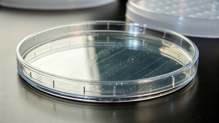 Clear petri dish on a laboratory table with subtle reflections and light play