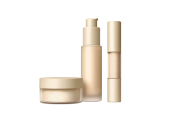 Elegant cosmetic set featuring foundation, concealer, and powder for a flawless makeup look