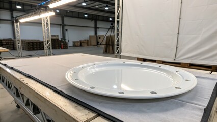 Large white round plate on a worktable in a well lit indoor environment
