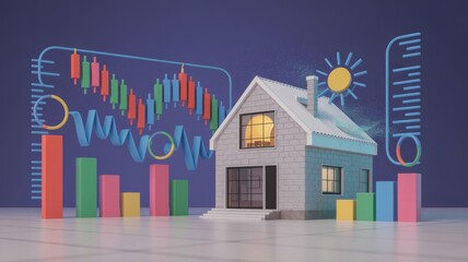 3D house model with financial graphs and bars in the background.