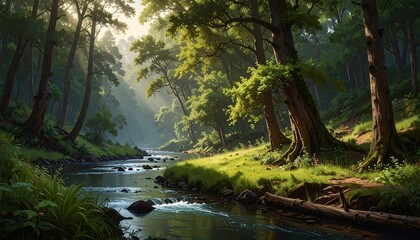 Ethereal Sunbeams Pierce an Ancient Forest Canopy Over a Serene Stream.