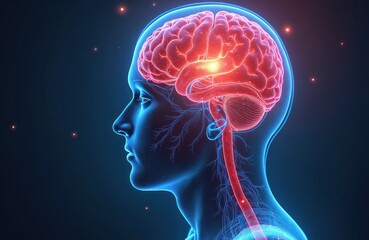 Human head profile showing glowing red brain and neural pathways. Medical illustration visualizes neurological system and blood circulation. Focus on brain health and function awareness.