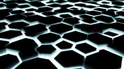 Close-up of glowing hexagon pattern in digital environment. High contrast futuristic background ideal for tech designs, interfaces and layouts with strong copy space.