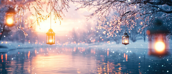 Snowy serene park with lake view, street lanterns and bokeh light reflections on water. Magical winter scenery for festive backgrounds, greeting cards and design.