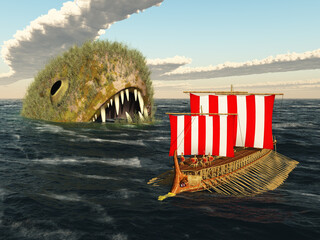 Seeungeheuer im offenen Meer und antikes griechisches Kriegsschiff