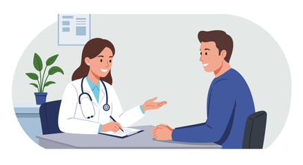 Fototapeta premium Illustration of a friendly female doctor talking with a male patient in a medical office during a consultation. Healthcare and communication concept.