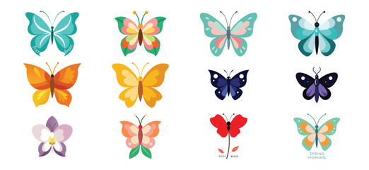 Collection of twelve colorful and diverse butterfly illustrations with delicate wings and vibrant patterns