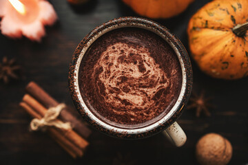 Cozy autumn scene with mug of hot chocolate, pumpkins, spices and candles on rustic dark wooden background, warm seasonal atmosphere, top view