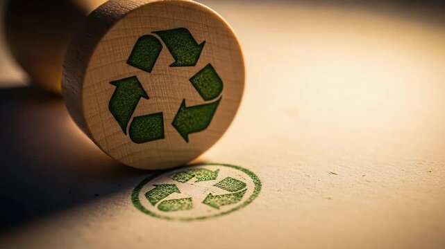 Close up of a wooden stamp with a green recycle icon logo against a cream backdrop emphasizing ecological responsibility and sustainability initiatives