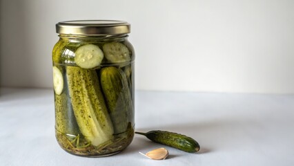 Glass jar of pickled cucumbers with fresh garlic on a light background