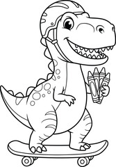 Obraz premium Dino-mite Skating Adventure: A cheerful cartoon dinosaur, sporting a helmet, takes a ride on a skateboard while holding crayons, ideal for coloring or themed projects. 