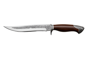 Exquisite ornate hunting knife with detailed craftsmanship and rich wooden handle for collectors