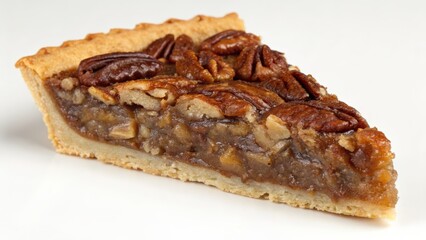 Close up view of delicious pecan pie slice with nuts and rich filling