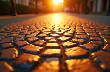 Cobblestone street with warm sunlight creating a swirling path forward. Close-up on textured stones with deep shadows and bright orange glow. Urban setting at sunset or sunrise.