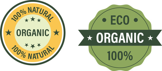 Set of two organic and natural product certification badges for eco-friendly goods. Two organic product 
labels isolated on white background. natural and eco-friendly products badge