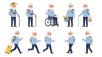 Senior Man Cartoon Character Set: Active Lifestyle, Daily Activities, and Mobility Stages