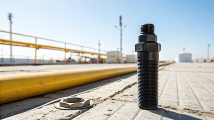 Industrial bolt and nut on ground with yellow pipeline in background under bright blue sky