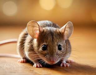 mouse, Tiny mouse on a wooden floor close up with soft focus and bokeh background.