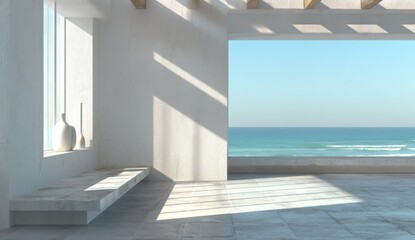 Obraz premium Bright, sunlit room with a window and a large opening overlooking a calm ocean