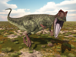 Dinosaurier Giganotosaurus in einer Landschaft