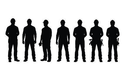 Seven Construction Workers Silhouettes in Hard Hats Standing on White Background