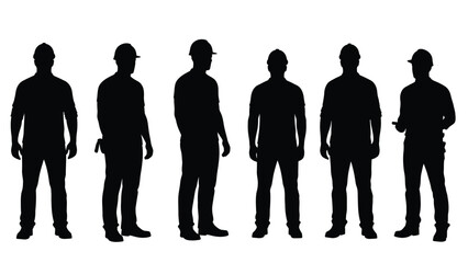 Professional Industrial Workers Silhouettes With Safety Helmets And Tools Isolated On White