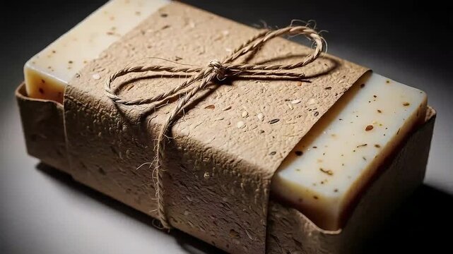 Artistic Close Up of Two Bars of Handmade Soap in Textured Paper Packaging with Twine, Perfect for Natural Beauty Product Marketing