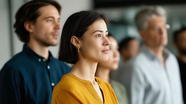 A diverse group of individuals stands together, sharing ideas and insights, highlighting collaboration, teamwork, and the power of diverse perspectives in a professional environment.