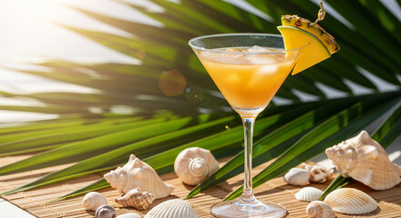 martini glass filled with golden tropical martini, decorated with a pineapple wedge and mango slice on the rim
