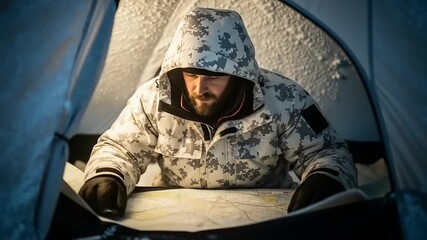 Man studying a map inside a snow-covered tent during a winter camping adventure in nature