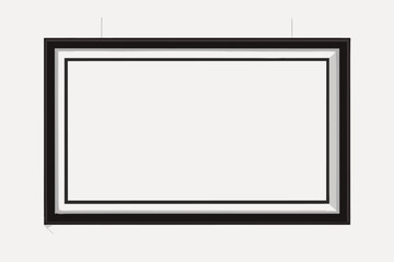 A clean, white, empty photo frame on a blank white wall for interior design space