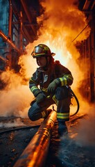 Fototapeta premium a determined firefighter kneels amidst smoke and flames, gripping a hose during a challenging blaze.