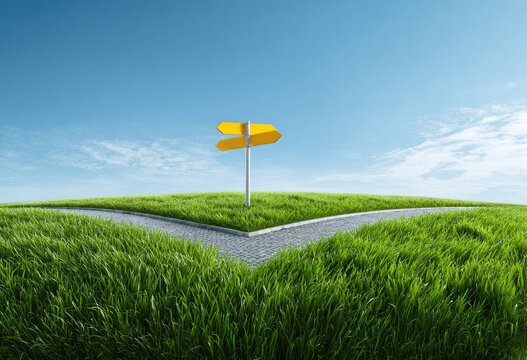 Forking path on a grassy hill under a clear blue sky, with a directional sign