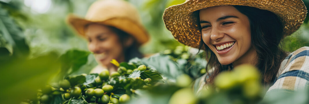 Happy latin american woman harvesting coffee beans with coworkers on sunny plantation in colombia, surrounded by lush greenery. Smiling, working together to pr. Coffee picking.International Coffee Day - Powered by Adobe
