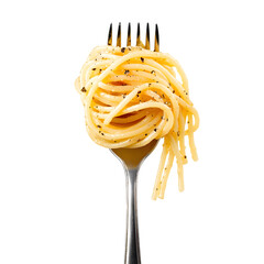 Delicious Spaghetti on Fork Isolated on White Background for Culinary Designs