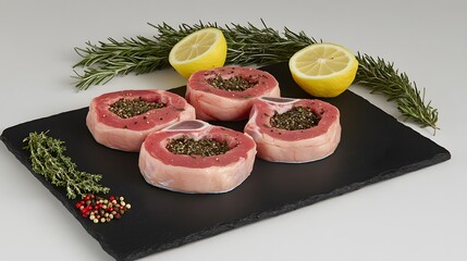 Herb Stuffed Lamb Chops on Slate Board Food Photography