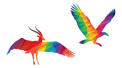 Vibrant rainbow antelope and eagle art, colorful wildlife illustration, geometric polygon animals, modern design, unique and eye-catching, perfect for prints © Waqas