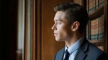 A young man exudes confidence while standing in a library with wooden shelves filled with books, creating an atmosphere of knowledge and sophistication for the viewer.