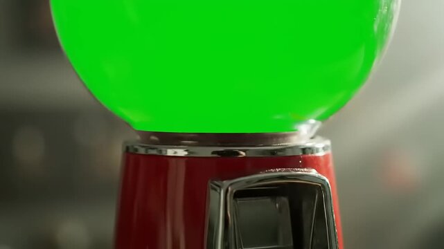 Vintage Red Gumball Machine with Green Screen Globe: Close-up shot of a hand inserting a coin and turning the handle