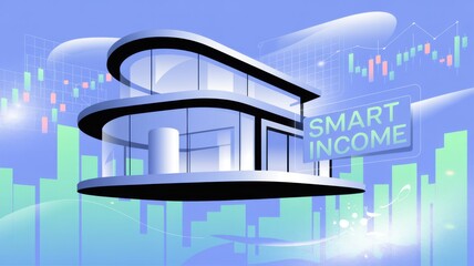 Futuristic building with financial graphs and 'Smart Income' displayed.