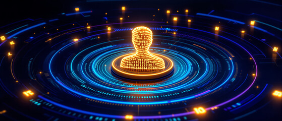 Futuristic holographic seal with binary code in digital space representing data authentication and cyber technology
