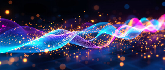 Colorful particle waves glowing in cyberspace symbolizing energy flow and futuristic data visualization